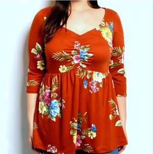 Rust Floral Babydoll Top Plus Size 1X 2X Shirt‎ Blouse NEW